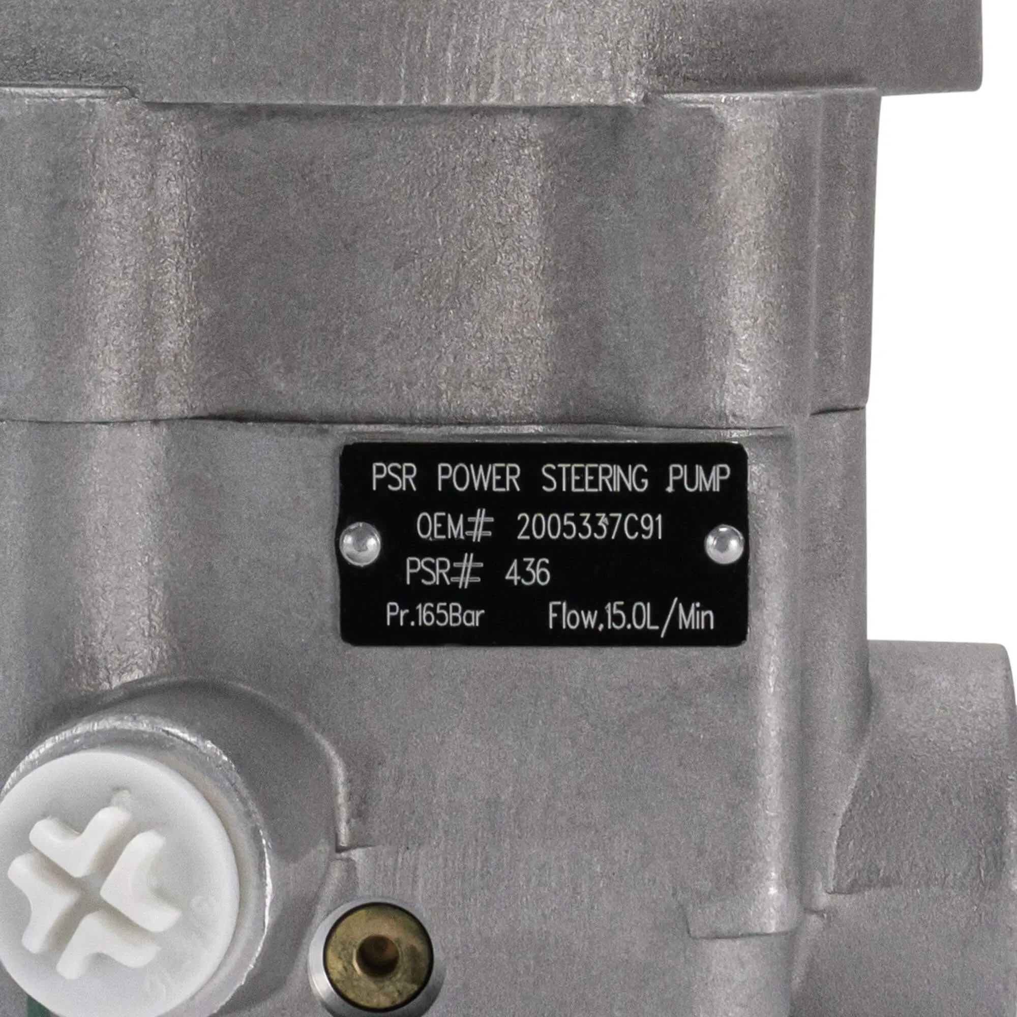 A close up of the label on a power steering pump