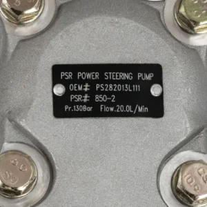 Power steering pump with details and bolts.